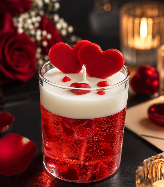 Pairsense Rouge Amour scented candle — deep red wax under a vanilla cream layer, topped with wax hearts