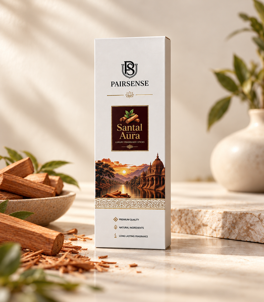 Pairsense Santal Aura luxury fragrance sticks, the ivory and deep-maroon agarbatti carton on stone beside a bowl of sandalwood