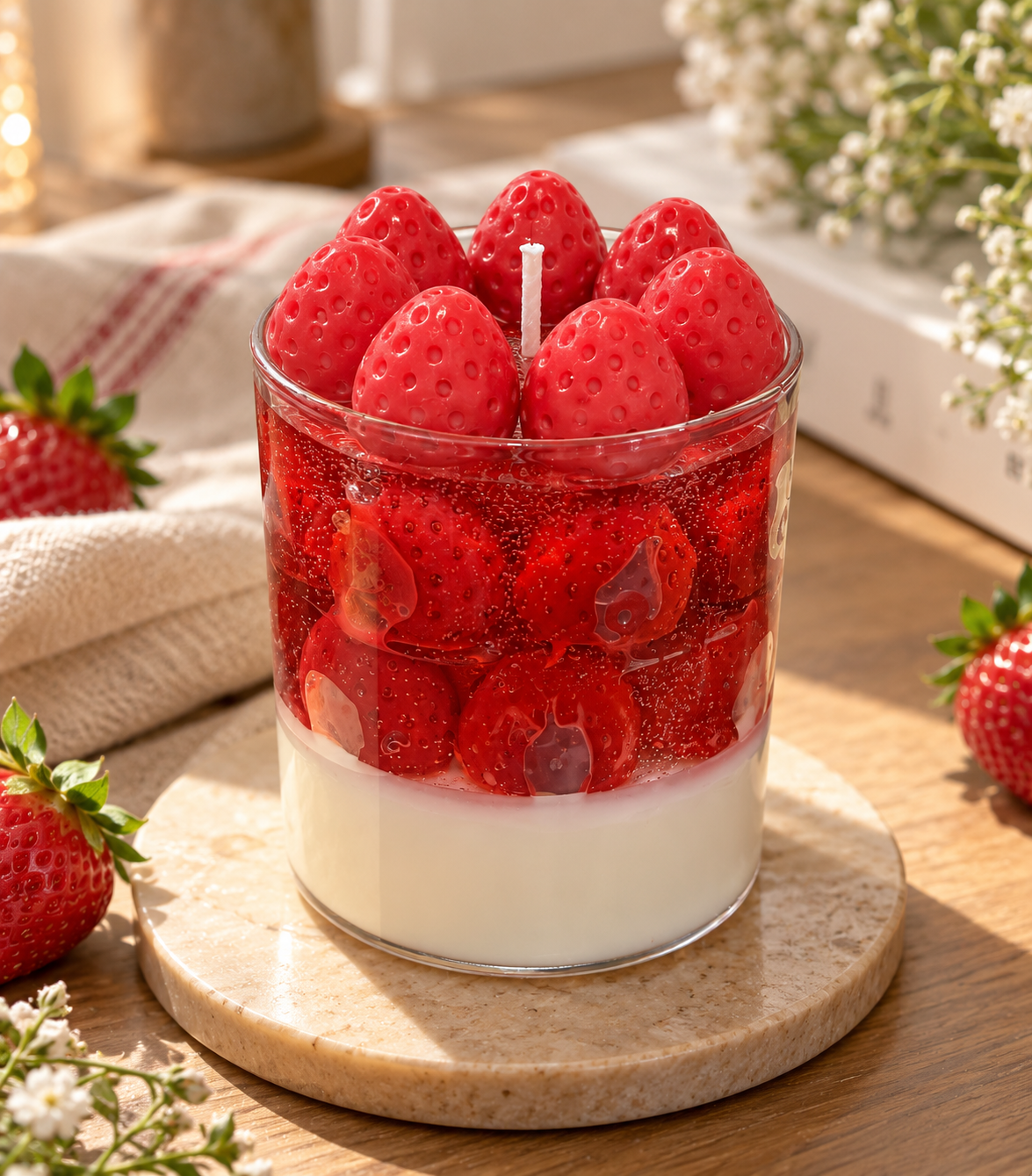 Pairsense Strawberry Crème scented candle — wax strawberries on red strawberry gel over vanilla cream in a clear glass jar