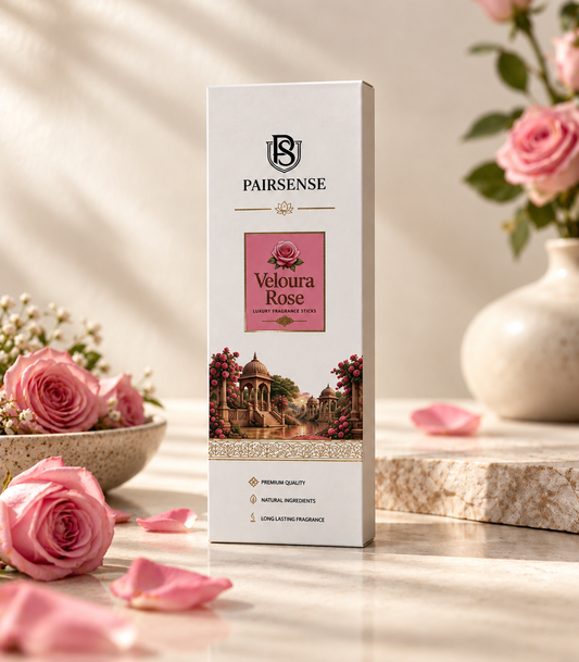 Pairsense Veloura Rose luxury fragrance sticks, the ivory and rose-pink agarbatti carton on stone among pink roses and petals