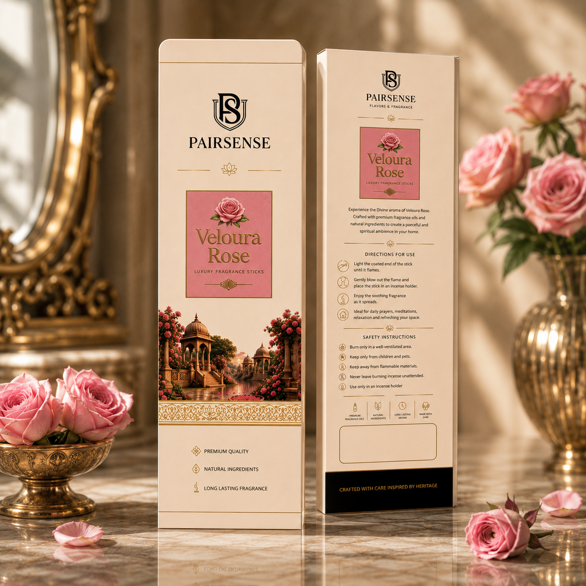 Pairsense Veloura Rose luxury fragrance sticks — front and back of the ivory and rose-pink agarbatti carton, styled with pink roses