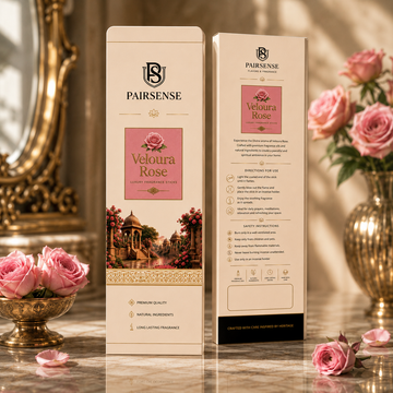 Pairsense Veloura Rose luxury fragrance sticks — front and back of the ivory and rose-pink agarbatti carton, styled with pink roses