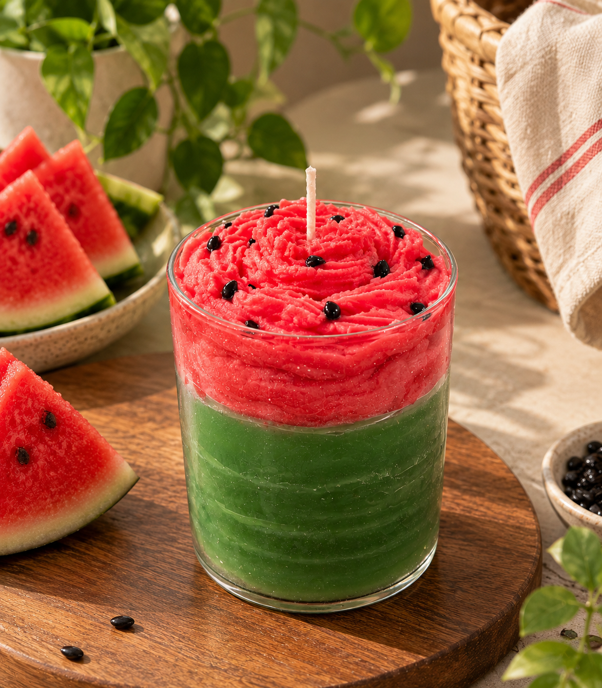 Pairsense Watermelon scented candle — piped pink watermelon flesh with black wax seeds over a green rind layer in a clear glass jar