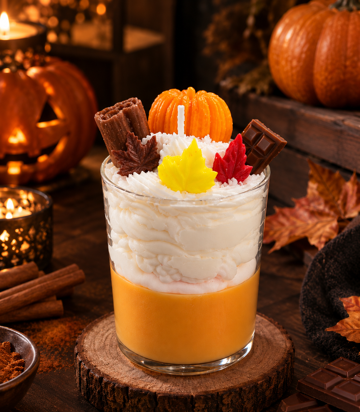 Pairsense Pumpkin Spice scented candle — pumpkin-orange wax under whipped cream, topped with a wax pumpkin, chocolate, cinnamon and autumn leaves, on a wooden coaster