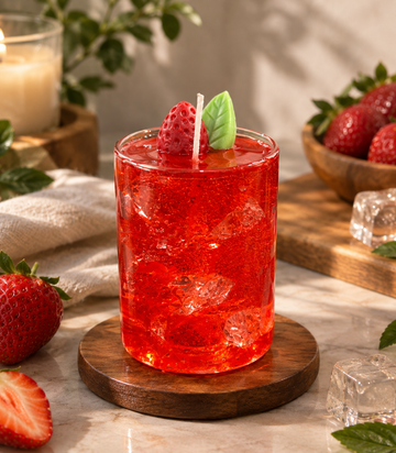 Pairsense Strawberry Mint Mojito scented candle, red wax with crystal ice shards topped with a wax strawberry and mint leaf in a clear glass, on a wooden coaster