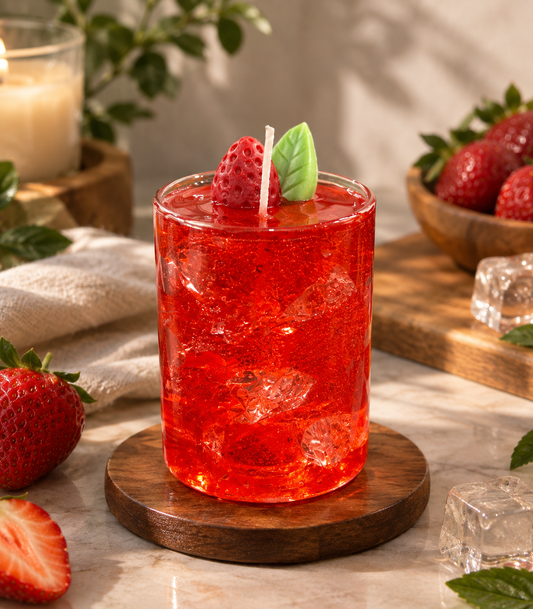 Pairsense Strawberry Mint Mojito scented candle, red wax with crystal ice shards topped with a wax strawberry and mint leaf in a clear glass, on a wooden coaster