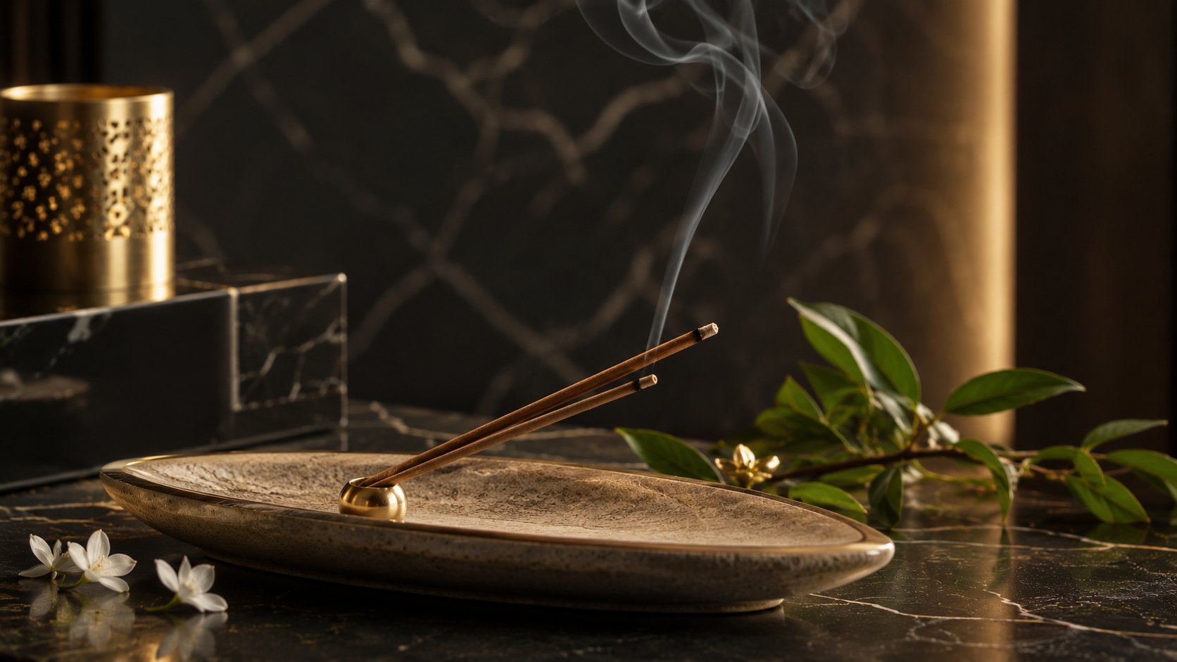 A Pairsense agarbatti burning in a brass-set ceramic tray, jasmine blossoms on dark marble