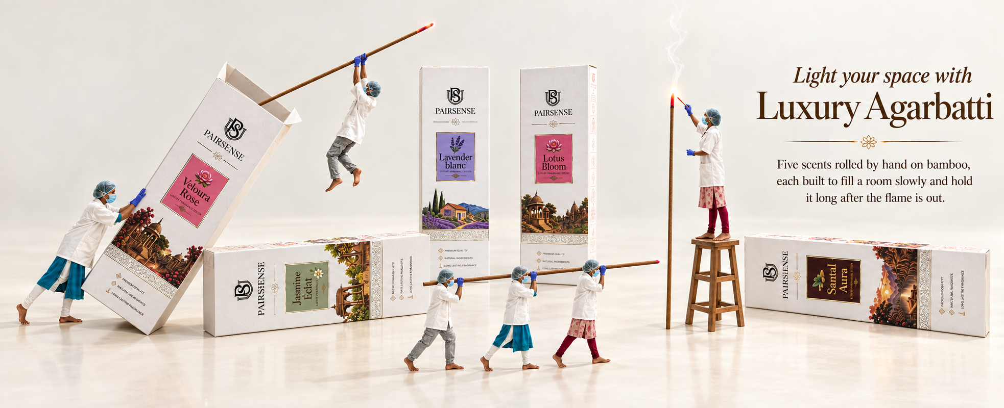 Light your space with Luxury Agarbatti: tiny workers carry, roll and light giant Pairsense agarbatti sticks among the five scent cartons