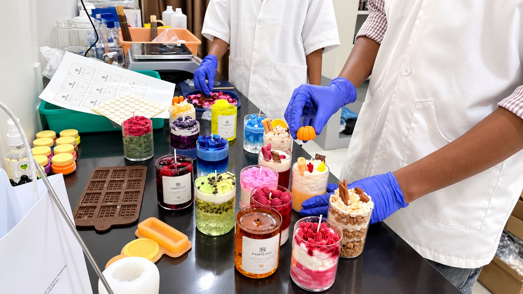 Two Pairsense makers at the bench, finishing a row of dessert candles by hand