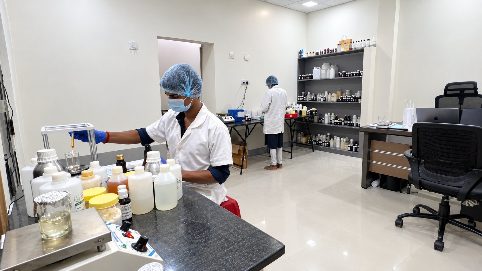 A Pairsense chemist weighing fragrance oil at the bench, the shelves of oils behind him
