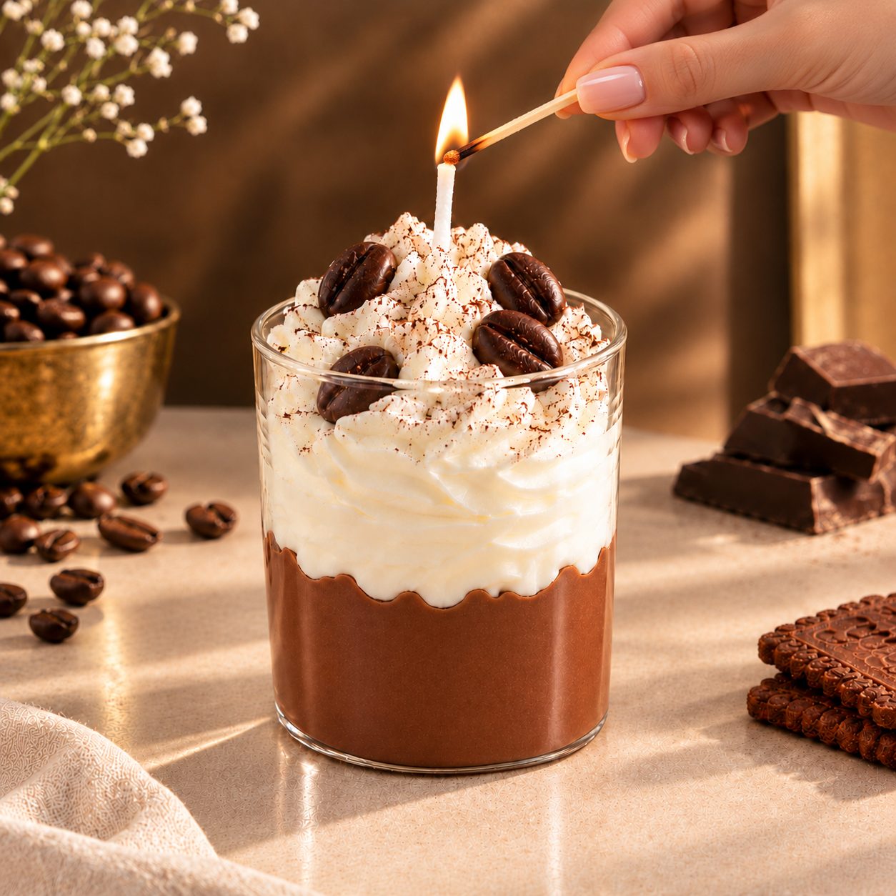 Lighting a Pairsense mocha candle with a match