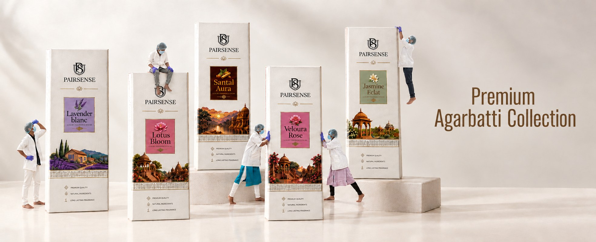 Premium Agarbatti Collection: five giant Pairsense agarbatti packs, Lavender Blanc, Lotus Bloom, Santal Aura, Veloura Rose and Jasmine Eclat, with our makers pushing, climbing and sitting on them.