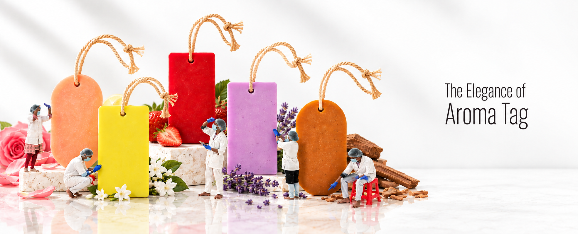 The Elegance of Aroma Tag: five Pairsense aroma tags on cotton cords, rose, jasmine, strawberry, lavender and sandal, among flowers, strawberries and sandalwood, with our makers at work around them.