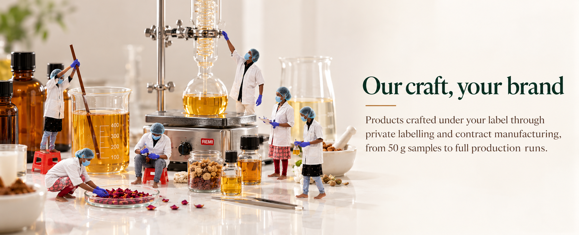 Our craft, your brand. Products crafted under your label through private labelling and contract manufacturing, from 50 g samples to full production runs. Pairsense makers at work among lab glassware, oils and botanicals