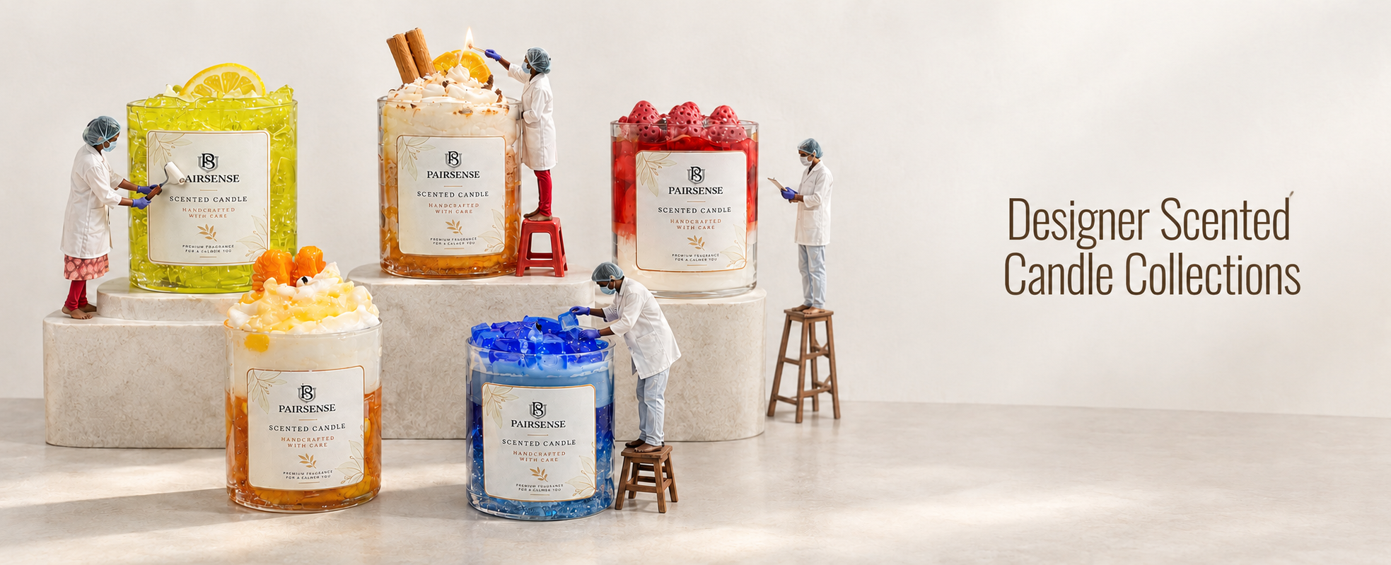 Designer Scented Candle Collections: five Pairsense scented candles, lemon, cinnamon cream, strawberry, orange cream and blue crystal, on stone plinths as our makers paint, light and check them.