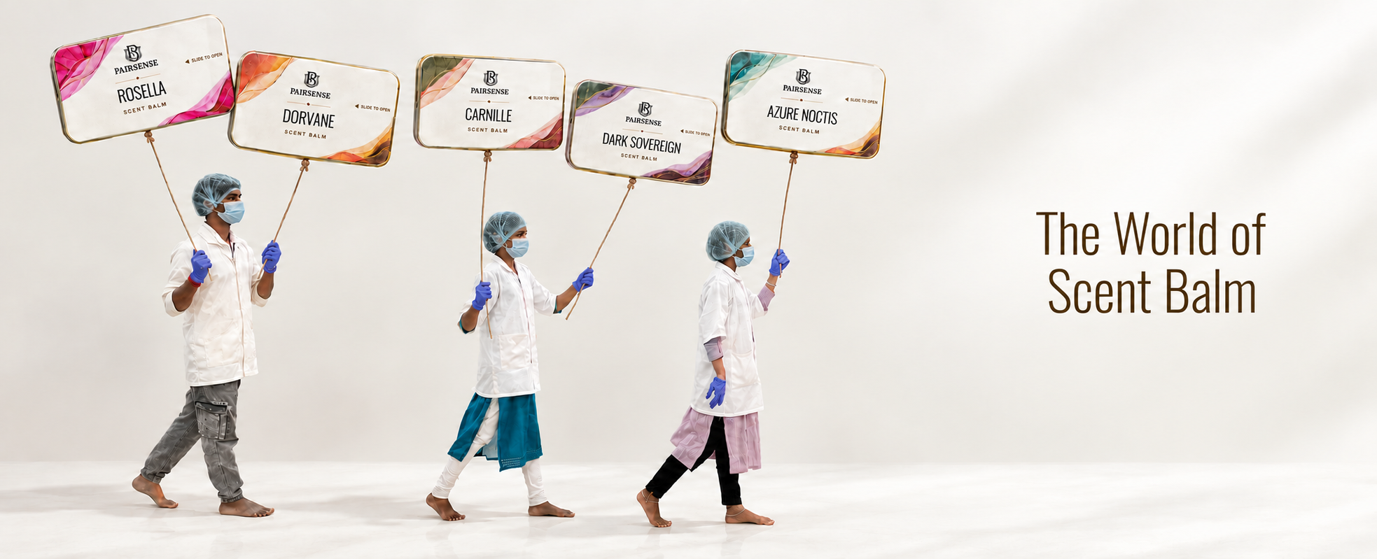 The World of Scent Balm: three Pairsense makers walk in a line carrying the five scent balm tins, Roselia, Dorvane, Carnille, Dark Sovereign and Azure Noctis, raised on poles like placards.