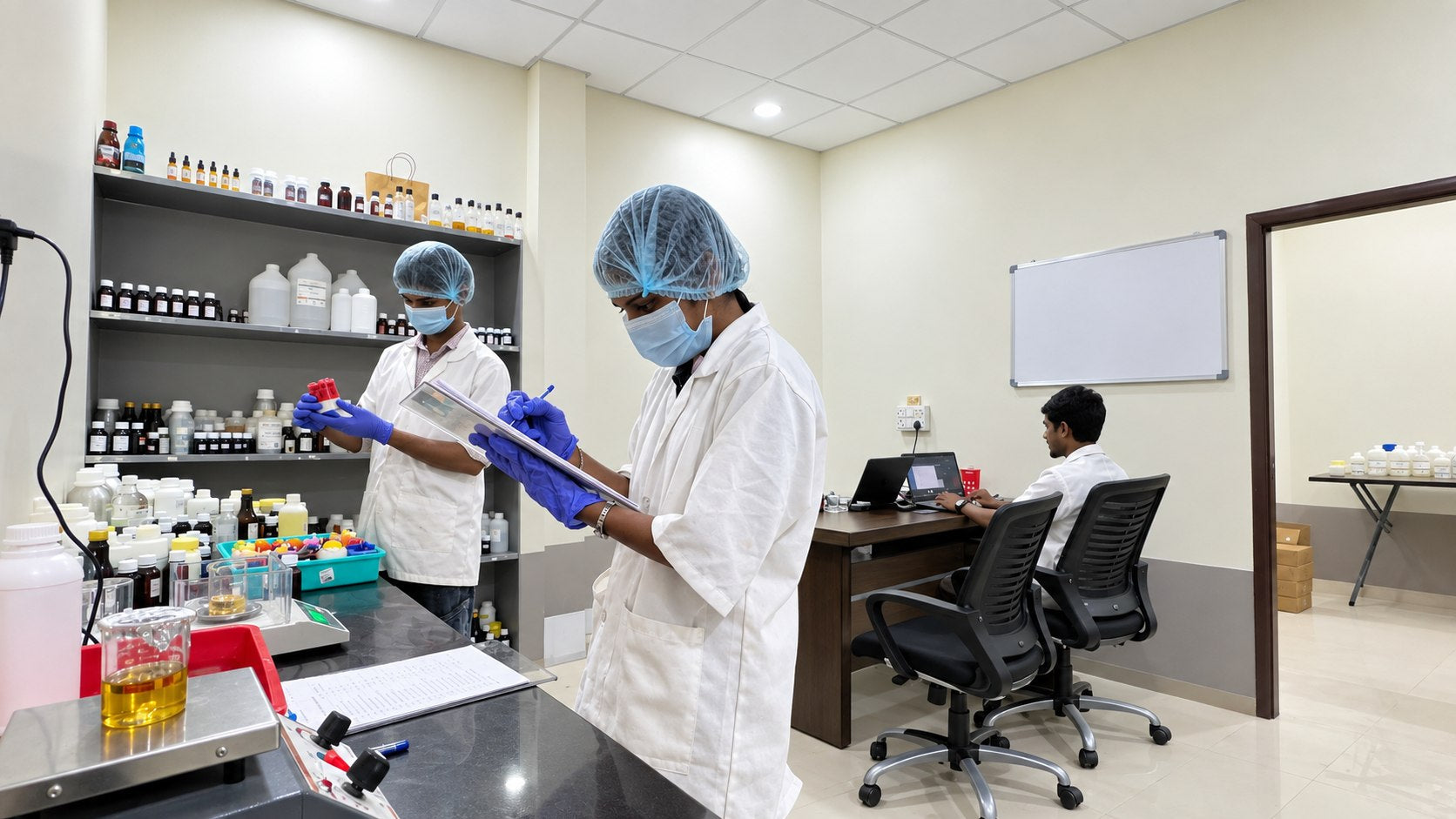 A Pairsense perfumer recording a trial at the lab bench, the accord shelves behind