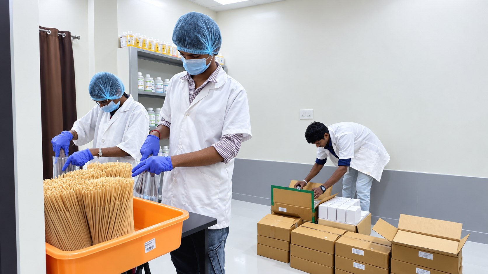 The Pairsense team filling and packing hand-rolled agarbatti into boxes