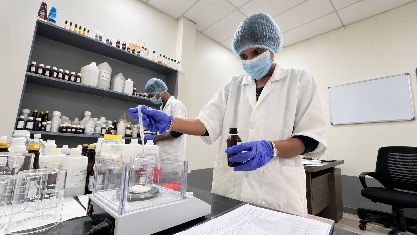 A Pairsense technician pipetting a fragrance trial onto the lab balance, the raw material shelves behind